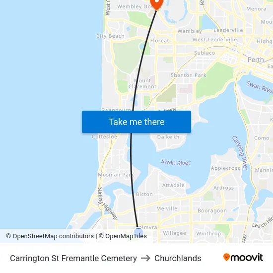 Carrington St Fremantle Cemetery to Churchlands map