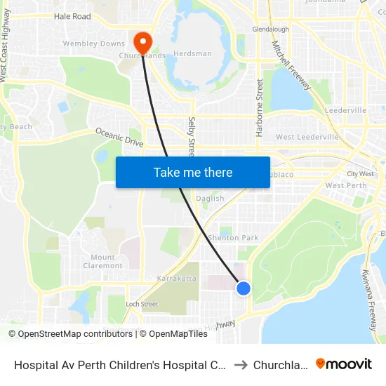 Hospital Av Perth Children's Hospital Cat Id 132 to Churchlands map