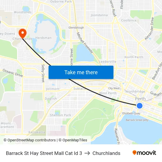 Barrack St Hay Street Mall Cat Id 3 to Churchlands map