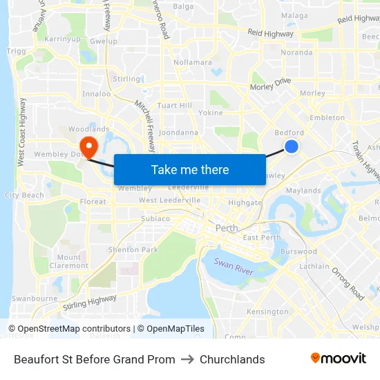 Beaufort St Before Grand Prom to Churchlands map