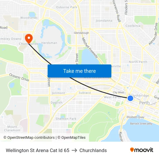 Wellington St Arena Cat Id 65 to Churchlands map