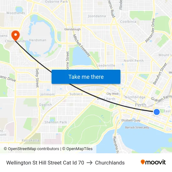 Wellington St Hill Street Cat Id 70 to Churchlands map