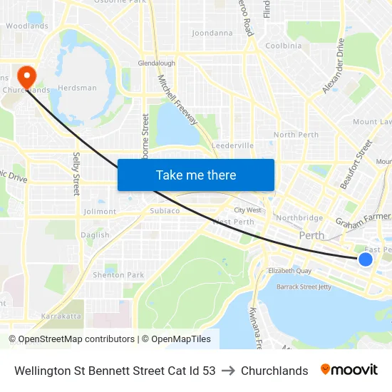 Wellington St Bennett Street Cat Id 53 to Churchlands map