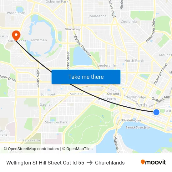 Wellington St Hill Street Cat Id 55 to Churchlands map