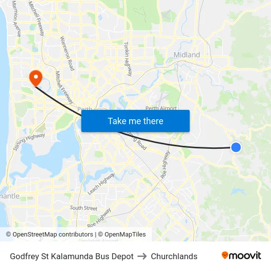 Godfrey St Kalamunda Bus Depot to Churchlands map