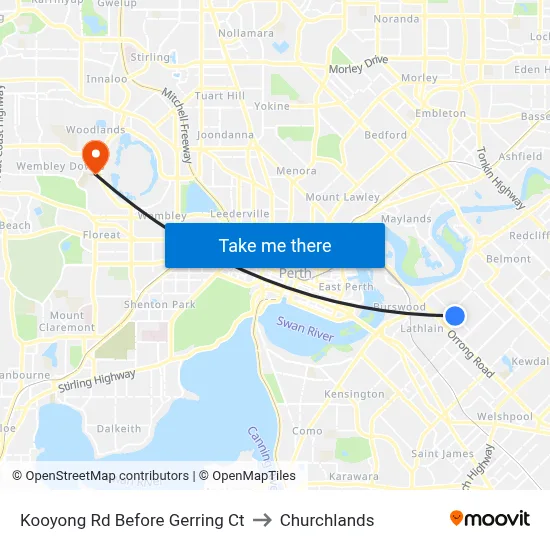 Kooyong Rd Before Gerring Ct to Churchlands map