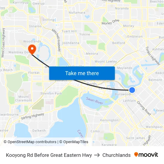 Kooyong Rd Before Great Eastern Hwy to Churchlands map