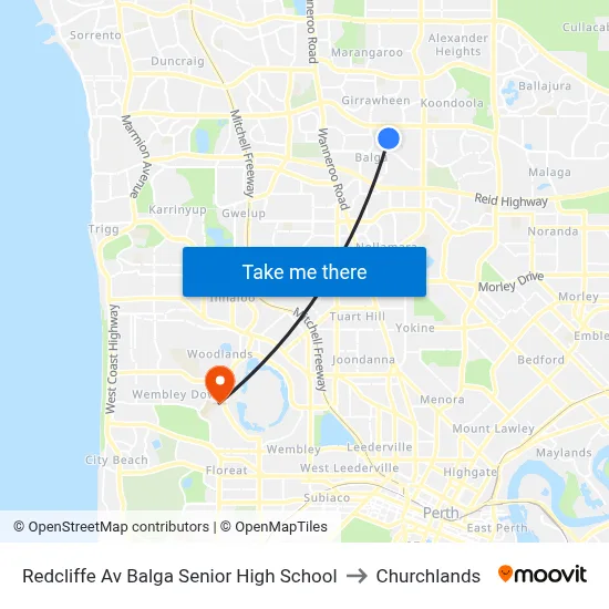 Redcliffe Av Balga Senior High School to Churchlands map