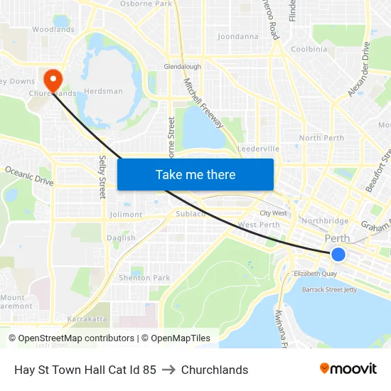 Hay St Town Hall Cat Id 85 to Churchlands map