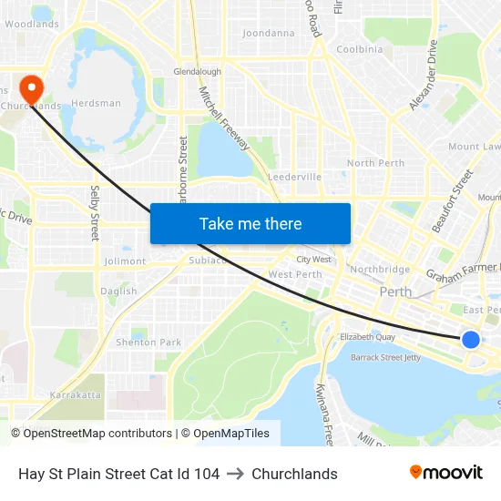 Hay St Plain Street Cat Id 104 to Churchlands map