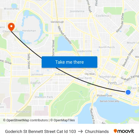 Goderich St Bennett Street Cat Id 103 to Churchlands map
