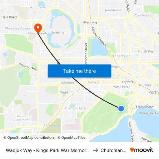 Wadjuk Way - Kings Park War Memorial to Churchlands map