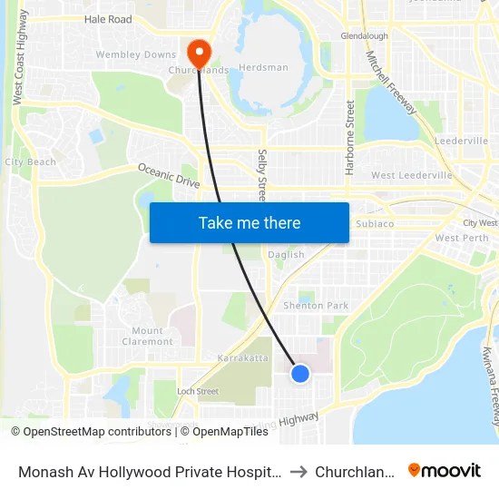 Monash Av Hollywood Private Hospital to Churchlands map