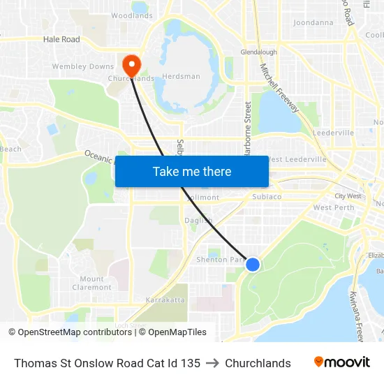 Thomas St Onslow Road Cat Id 135 to Churchlands map
