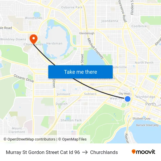 Murray St Gordon Street Cat Id 96 to Churchlands map