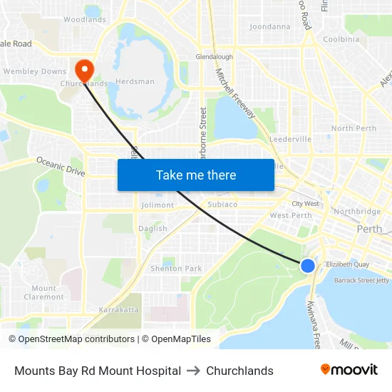 Mounts Bay Rd Mount Hospital to Churchlands map