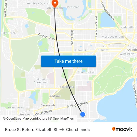 Bruce St Before Elizabeth St to Churchlands map