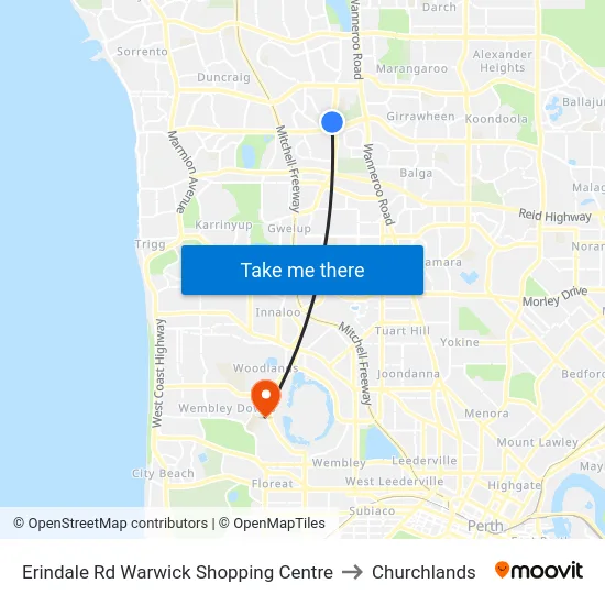 Erindale Rd Warwick Shopping Centre to Churchlands map