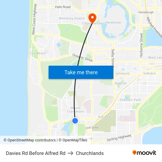 Davies Rd Before Alfred Rd to Churchlands map