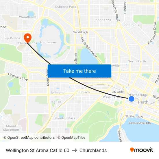Wellington St Arena Cat Id 60 to Churchlands map