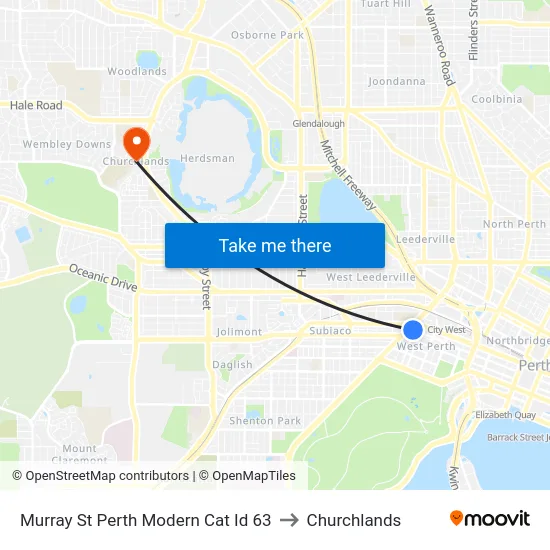 Murray St Perth Modern Cat Id 63 to Churchlands map
