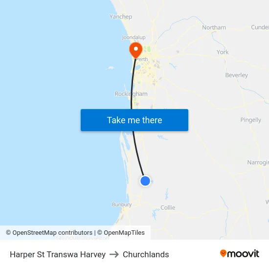Harper St Transwa Harvey to Churchlands map