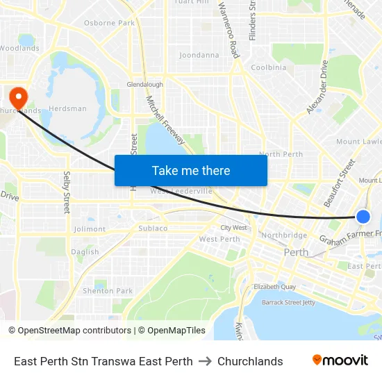 East Perth Stn Transwa East Perth to Churchlands map