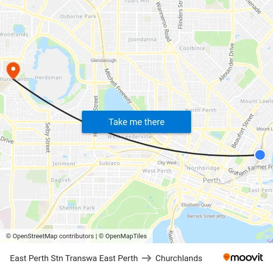 East Perth Stn Transwa East Perth to Churchlands map