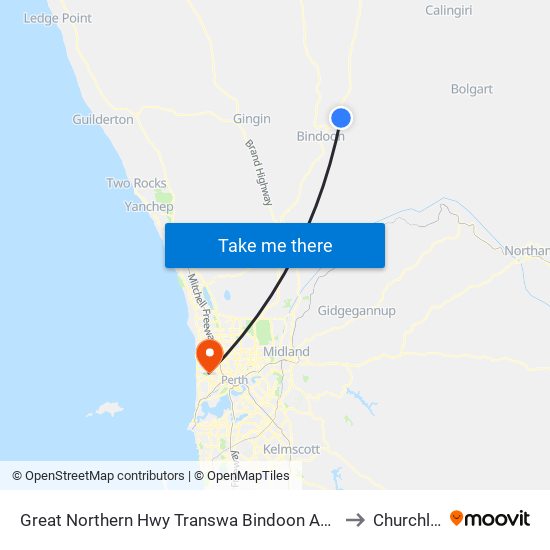 Great Northern Hwy Transwa Bindoon Agricultural College to Churchlands map