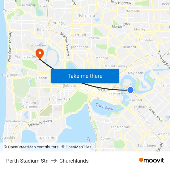 Perth Stadium Stn to Churchlands map
