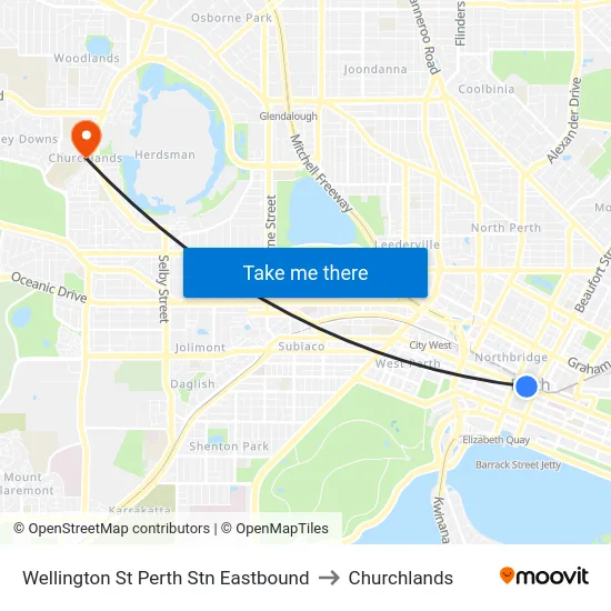 Wellington St Perth Stn Eastbound to Churchlands map