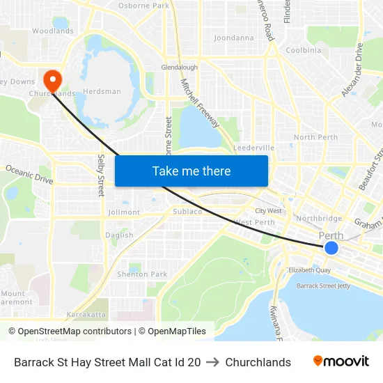 Barrack St Hay Street Mall Cat Id 20 to Churchlands map