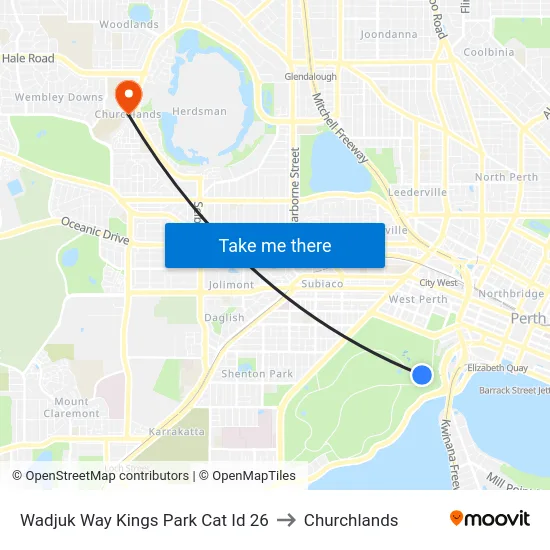 Wadjuk Way Kings Park Cat Id 26 to Churchlands map