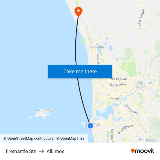 Fremantle Stn to Alkimos map