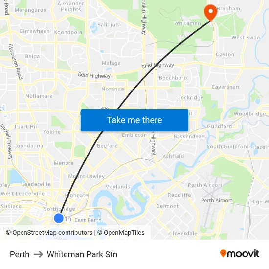 Perth to Whiteman Park Stn map