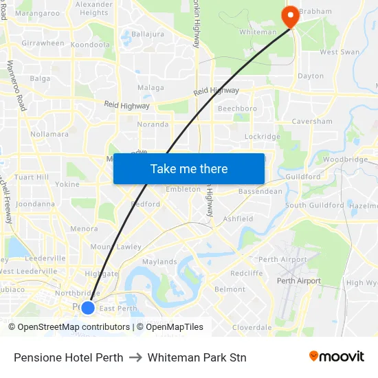 Pensione Hotel Perth to Whiteman Park Stn map