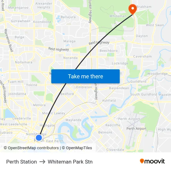 Perth Station to Whiteman Park Stn map