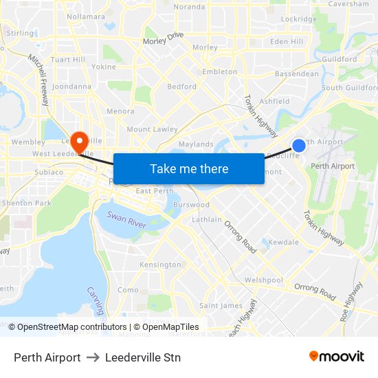 Perth Airport to Leederville Stn map