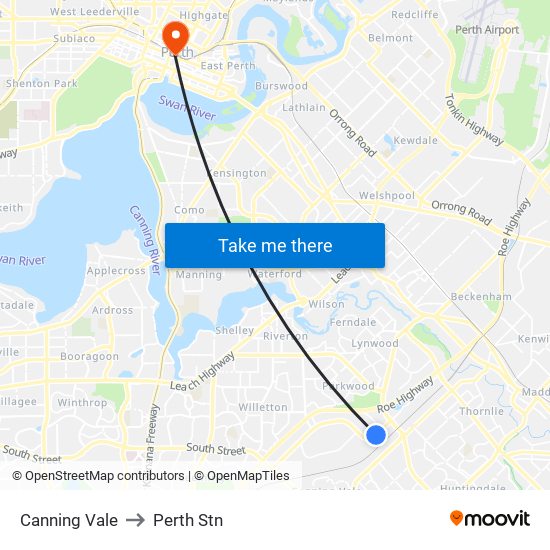 Canning Vale to Perth Stn map