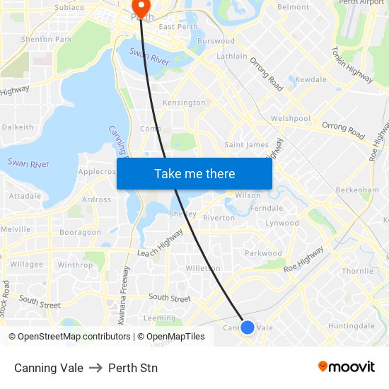 Canning Vale to Perth Stn map