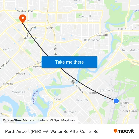 Perth Airport (PER) to Walter Rd After Collier Rd map