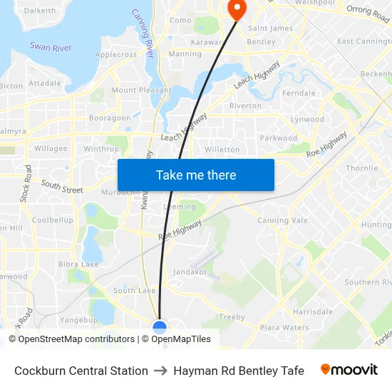 Cockburn Central Station to Hayman Rd Bentley Tafe map