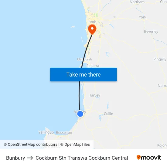 Bunbury to Cockburn Stn Transwa Cockburn Central map