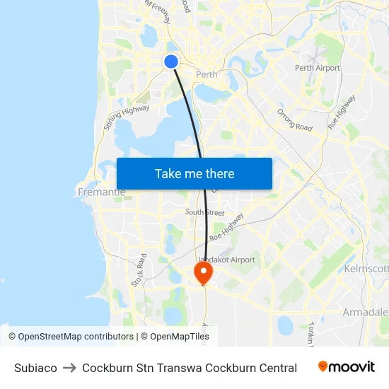 Subiaco to Cockburn Stn Transwa Cockburn Central map