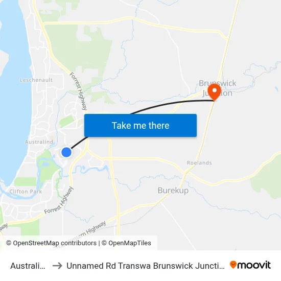 Australind to Unnamed Rd Transwa Brunswick Junction map