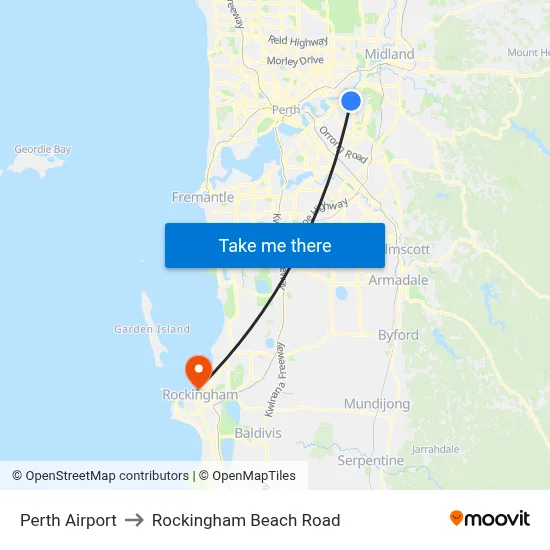 Perth Airport to Rockingham Beach Road map
