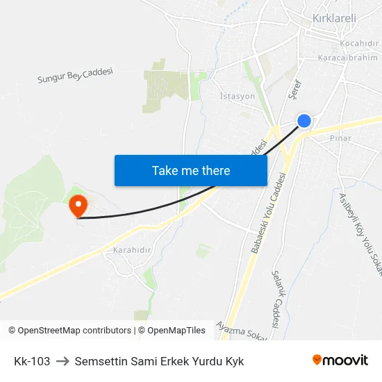 Kk-103 to Semsettin Sami Erkek Yurdu Kyk map