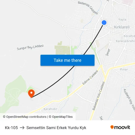 Kk-105 to Semsettin Sami Erkek Yurdu Kyk map