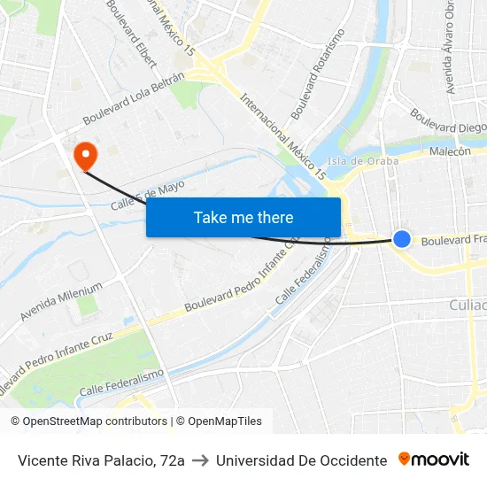 Vicente Riva Palacio, 72a to Universidad De Occidente map