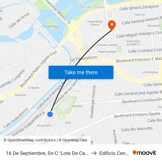 16 De Septiembre, Sn-C "Lote De Carros" to Edificio Central map